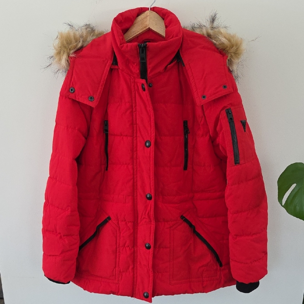 NWT Guess Red Women's Puffer Jacket with Faux Fur Hood